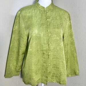 French Laundry Mandarin Collar Button Up Blouse Silk Linen Asian 3/4 Sleeve SM